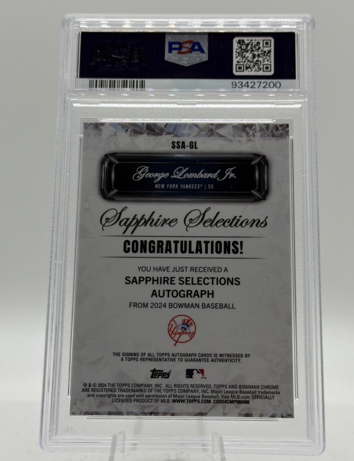 George Lombard Jr 2024 Bowman Sapphire Selections Orange Auto /25 PSA 10 Auto 10 view 2