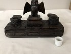 Large Antique BLACK FOREST HANDCARVED OWL INKWELL Wood Carving w 2 Inkwells RARE — photo 4