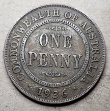 1936 Australia 1 One Penny Coin - KM# 23 - Bronze - King George V - Australian