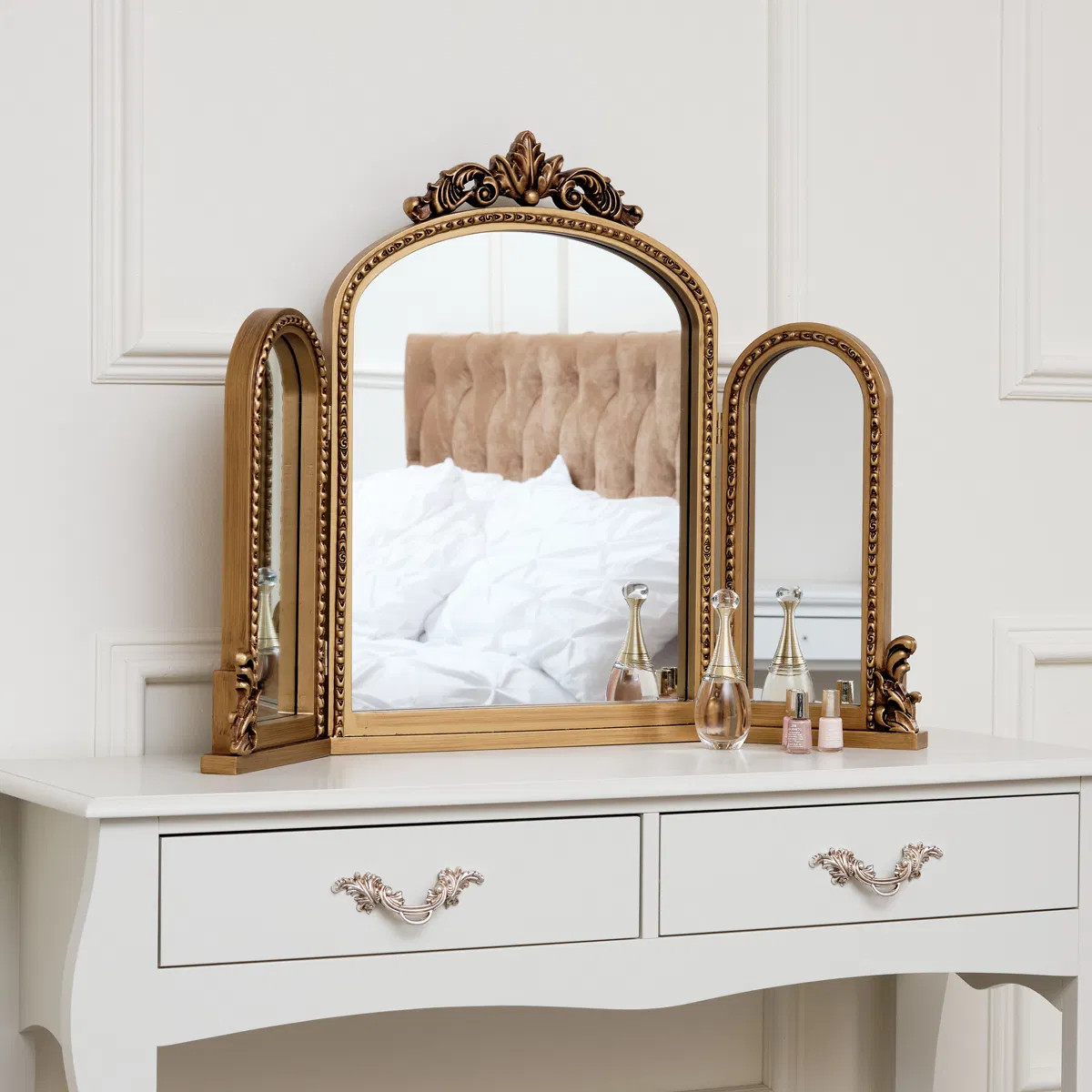 Gold Ornate Arched Triple Dressing Table Mirror 80cm x 56cm vanity make up  | eBay