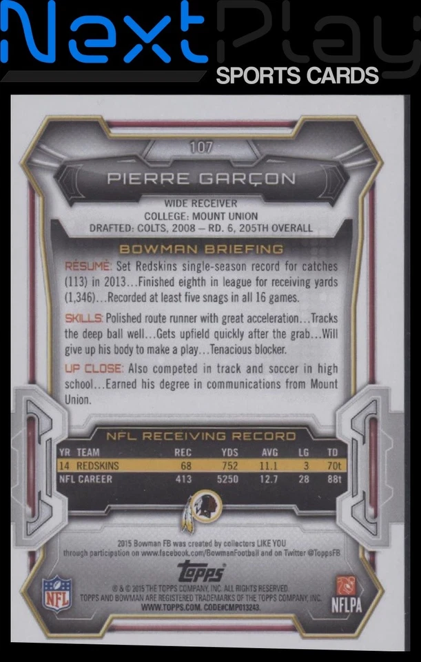 2015 Bowman #107 – Pierre Garçon | - Image 2 of 2