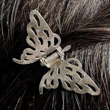 Estate 70s Silver Metal Small Butterfly Hair Clip Barrette Whimsical Fairy Goth