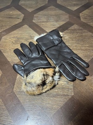 Vintage Black Vinyl Women Winter Gloves with Rabbit Fur Lining size 6.5-7.5