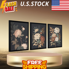 Floral Wall Art Dark Plant Canvas Set, Black Peony Farmhouse Decor 12x16