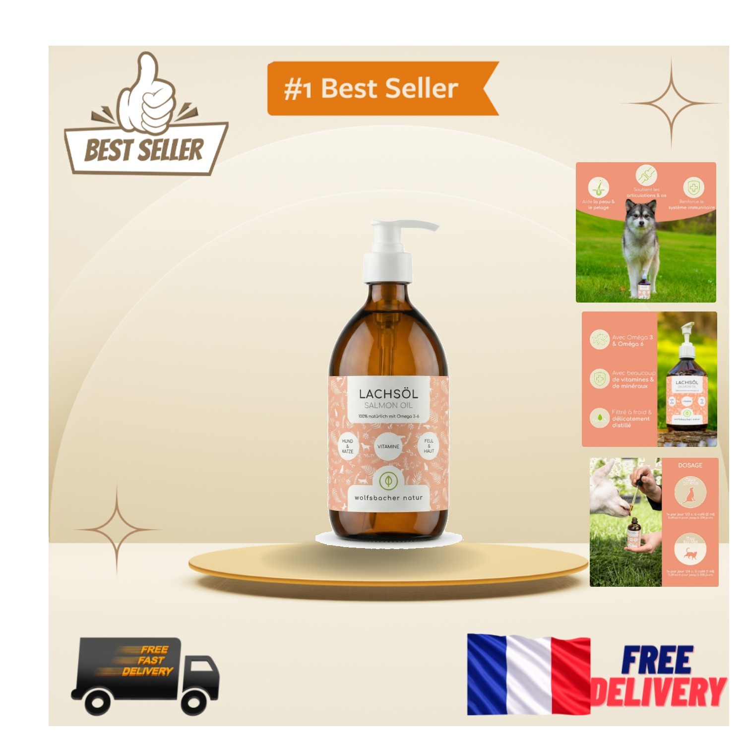 Huile de Saumon Naturelle 500 ML pour Chien et Chat - Soin Pelage et Peau