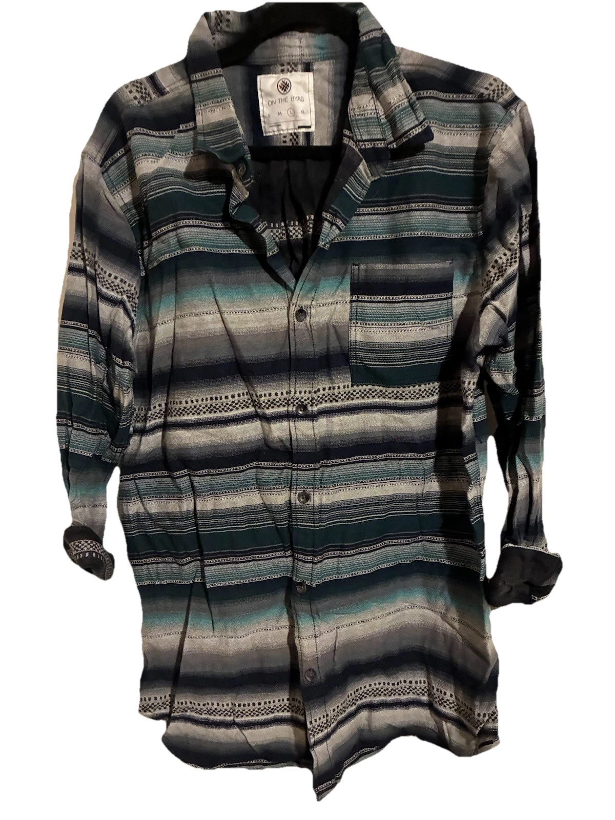 Mens Size Large On the Byas shirt Blue Green Southwestern Striped LS Button up