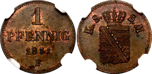 German States Saxony-Albertine 1 Pfennig 1851 F NGC MS64 BN Top Pop	KM# 1155