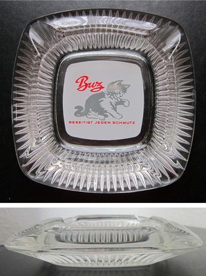 Glass ASHTRAY ''BUZ'' Detergent Buzil Cat Advertising Advertising Collector Good