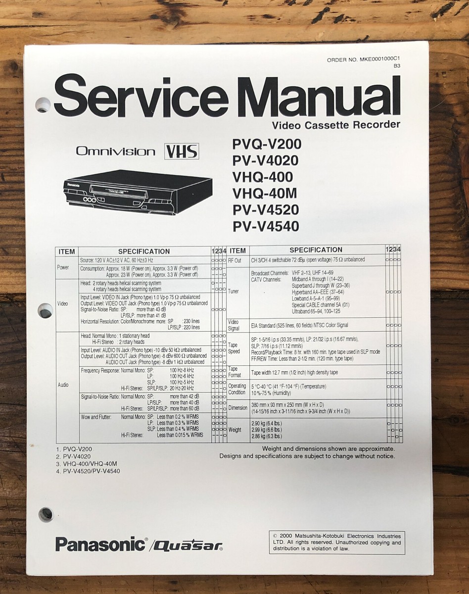 Panasonic PVQ-V200 PV-V4020 VHQ-400 PV-V4520 -V4540 VCR Service
