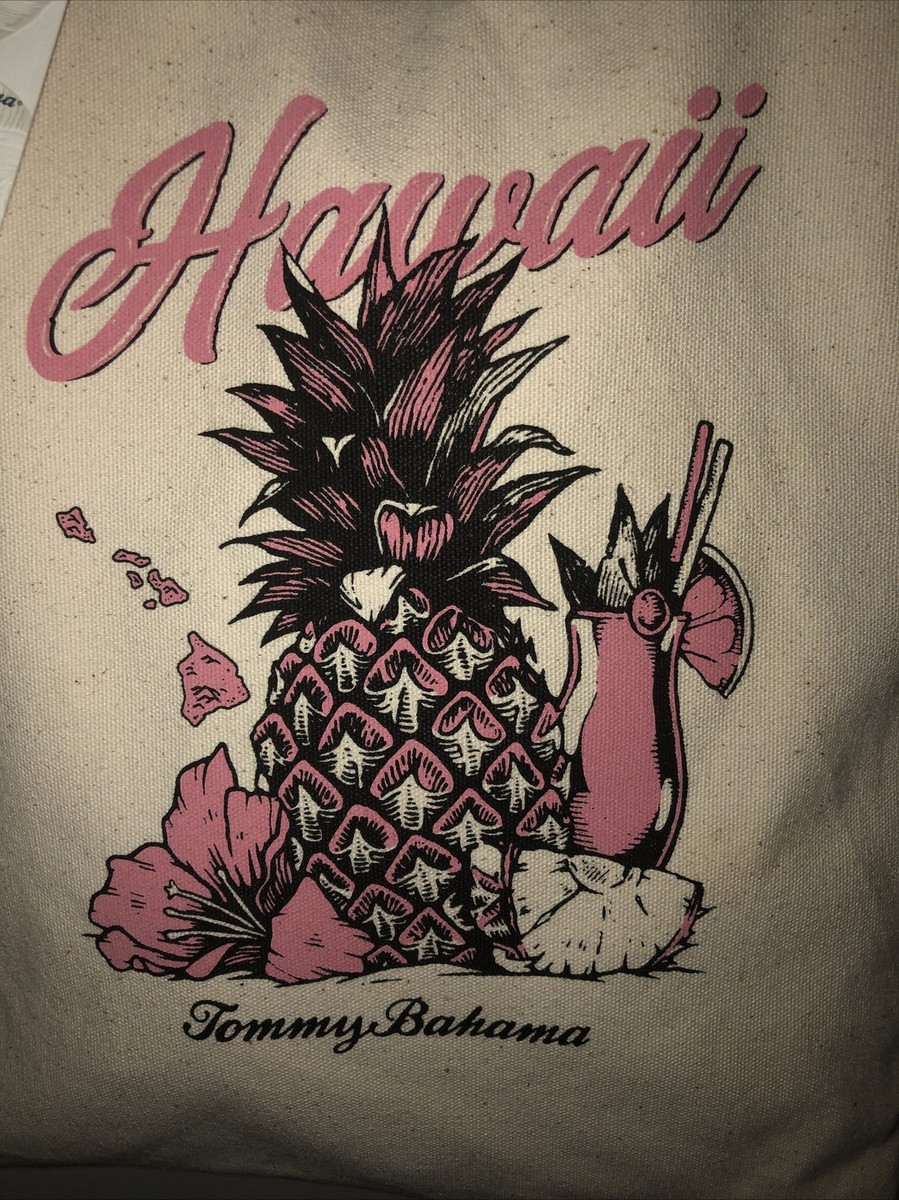 Tommy Bahama canvas tote “Hawaii” Pink/ Lt Beige gold rivets on