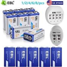 EBL 9V Lithium Ion Rechargeable Batteries Lot / Charger / 9Volt Alkaline Battery