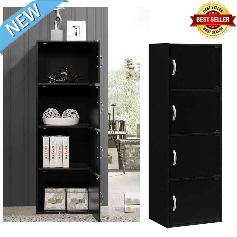 4 Door Black Bookcase Storage Cabinet 4 Shelf Cupboard Pantry