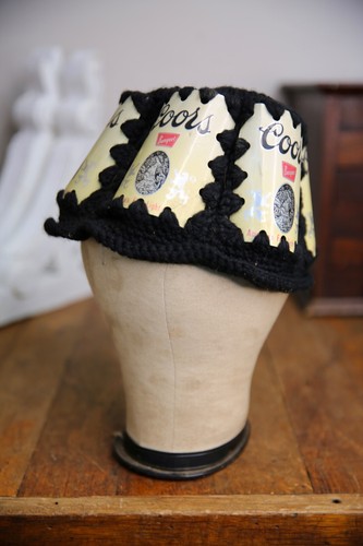 Vintage COORS Banquet Crochet Knit Handmade Beer Can Hat bucket black 70s