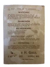 VICTORIAN JEWELER’S TRADE CARD Walter Goss Watches Optical Haverhill MA B30