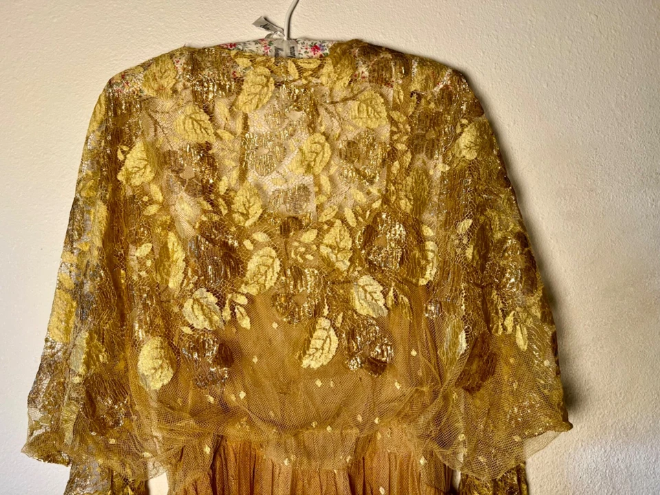 OFERTA Precioso Vestido de Noche Pauline Trigere Vintage Dorado Encaje Transparente Foto 3 de 4