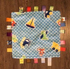 Taggies Blue Boys Soft Fleece Lovey Security Blanket Car Plane Train Truck 12"