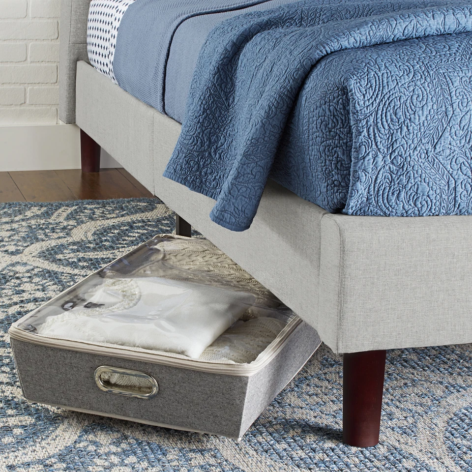 Cama plataforma tapizada de tela gris claro Queen hogar salón dormitorio muebles Foto 3 de 3