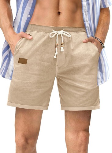 Mens Cotton Linen Casual Shorts Elastic Waist Drawstring Summer Beach Shorts - Picture 32 of 47