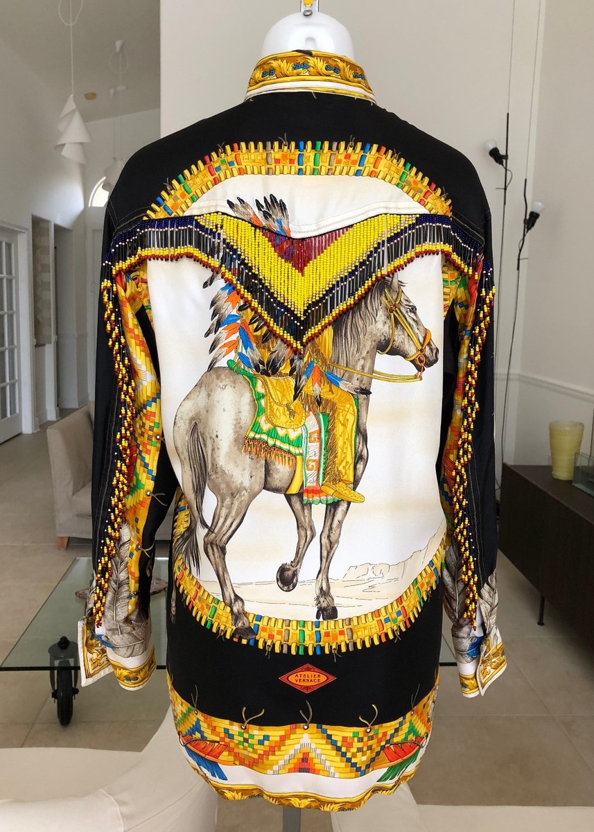 GIANNI VERSACE Native Americans silk shirt w/ beaded fringe worn