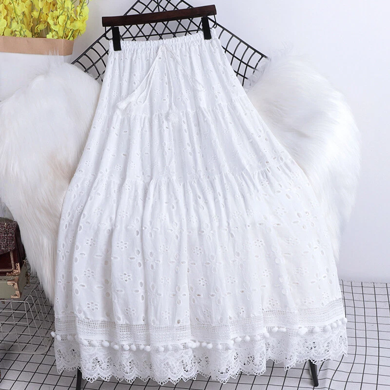 Women Cotton Floral Lace Skirt High Waist Swing Hollow Out Drawstring Casual
Opens in a new window o