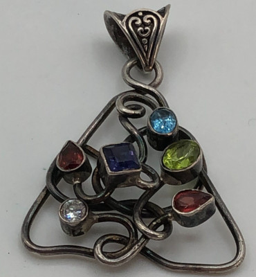 Vintage Sterling Silber 925 Handarbeit Dreieck Anhänger mehrere Edelsteine