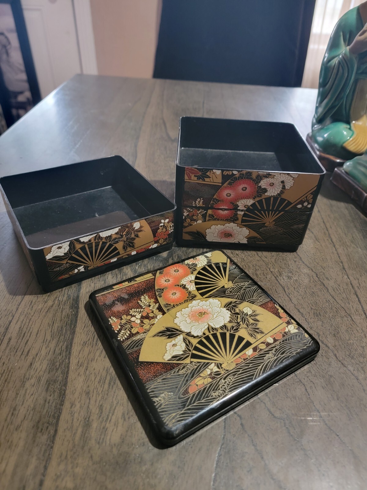 Japanese Stack Bento Box 3 Tier sensu/Ogi fans and flowers designs eBay