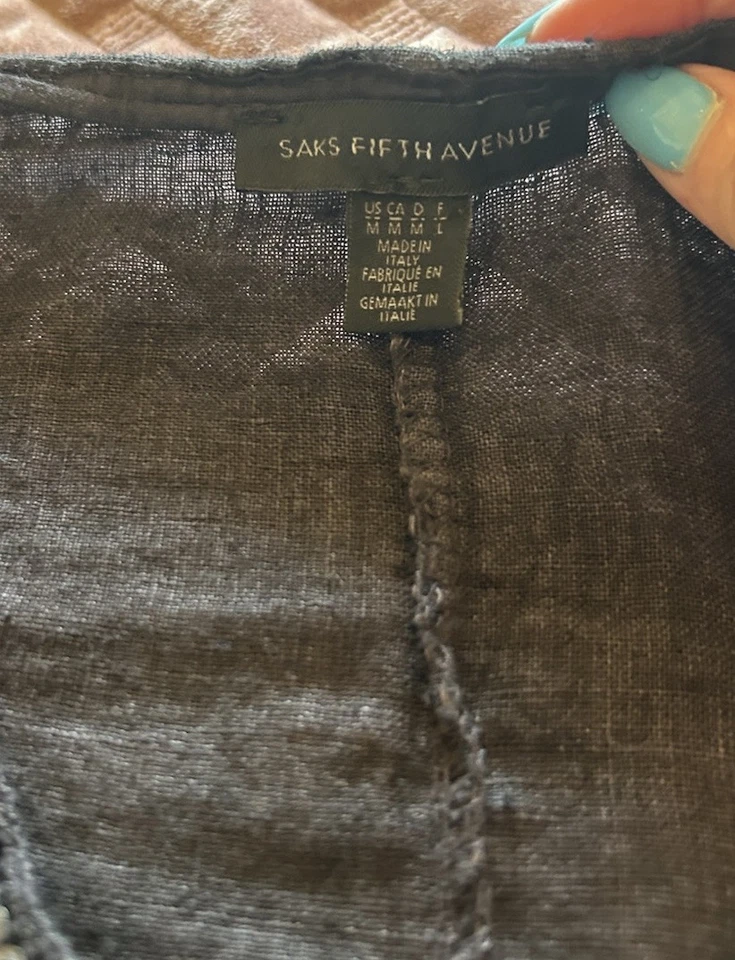 Top túnica SAKS FIVE AVENUE mediana 100 % lino negra de gran tamaño con cuentas Laganlook Foto 2 de 4