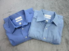 2pcs Roundtree  Yorke Gold Label Shirt Men's Sz. 16.5 34 Fitted Plaid Blue