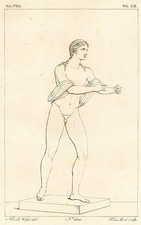 Antica stampa del 1800 (1832) Apollo. statua in bronzo di Pompei, mitologia nudo