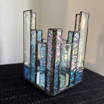 VTG Artisan Tiffany Style Blue Stained Beveled Glass Candle Holder Mirror Base