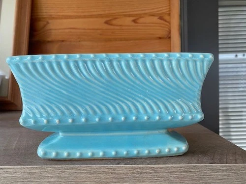 Vintage McCoy Pottery Blue-Green Ribbed Swirl Rectangular Pedestal Planter Pot