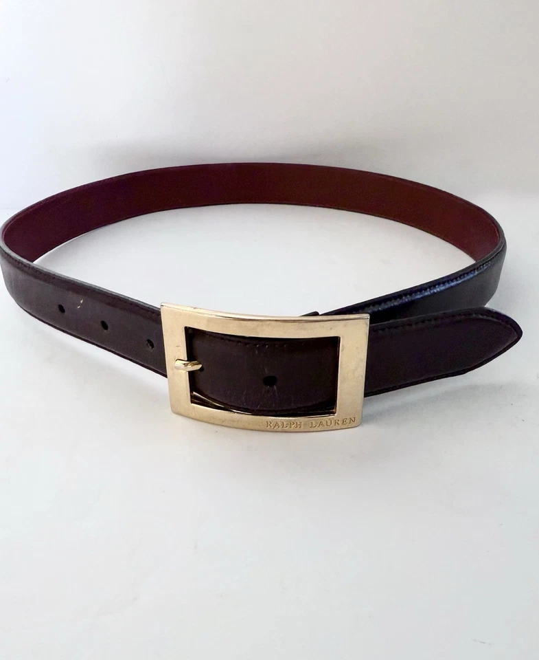 Cinturón Colección Ralph Lauren Hebilla Dorada Cuero Púrpura Etiqueta Pequeño Ecuestre Foto 3 de 4