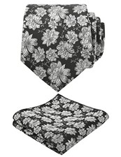 Mens 3.15inches Rose Flower Pattern Tie with Floral Printed 145-black white