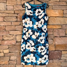 Oscar de la Renta 14 Women Sleeveless Blue White Floral Sheath MIDI Dress Office