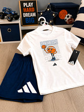 adidas Boys 6 2 Piece Shorts Set White Graphic Tee Blue Shorts Elastic Waist