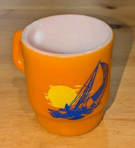 Vtg Anchor Hocking Better In The Bahamas Sailing Orange Milk Glass Coffee Mug