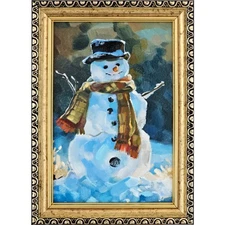 Original Oil Painting Snowman Winter Scene Framed 4x6 Christmas Art