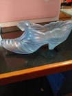 Vintage Fenton Ruffled Iridescent  Blue Cat Head Glass Shoe Collectible Slipper