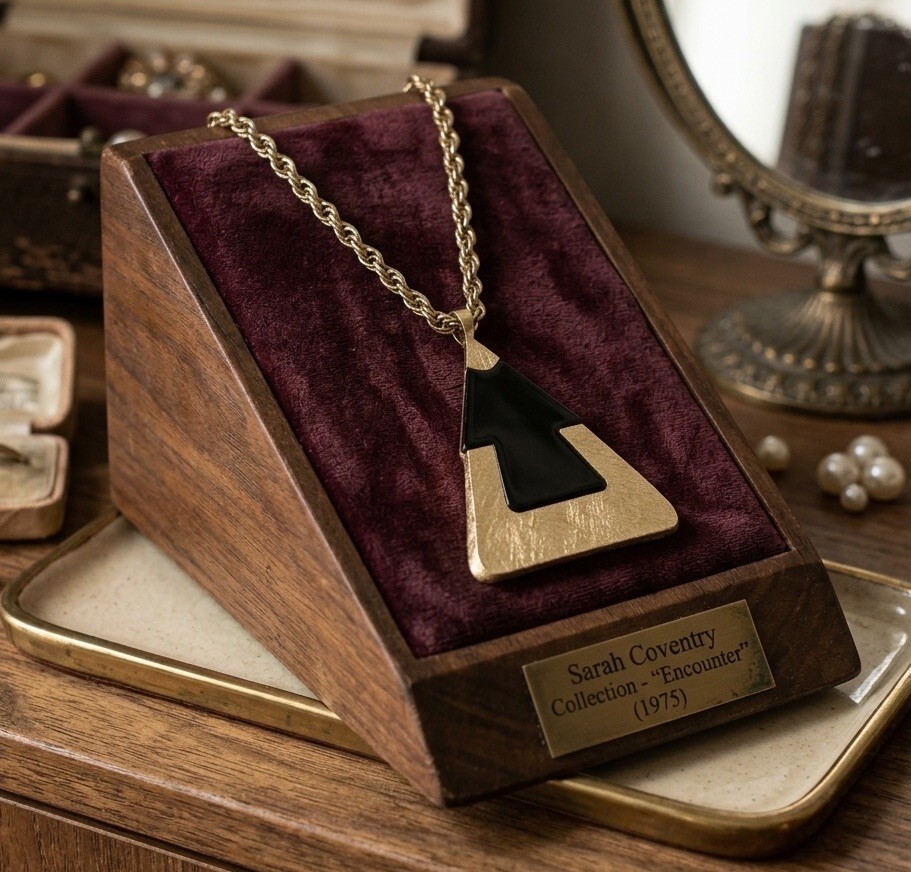 1975 Sarah Coventry &Quot;Encounter&Quot; Gold Tone Black Pyramid Pendant 21&Quot; Necklace E9