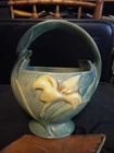 Roseville ceramic pottery vase floral basket, green with yellow lily both sides