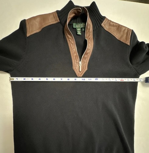 Lauren Ralph Lauren Sweater Womens Sz Large 100%Cotton Leather Shoulders 1/4 Zip - Picture 7 of 22