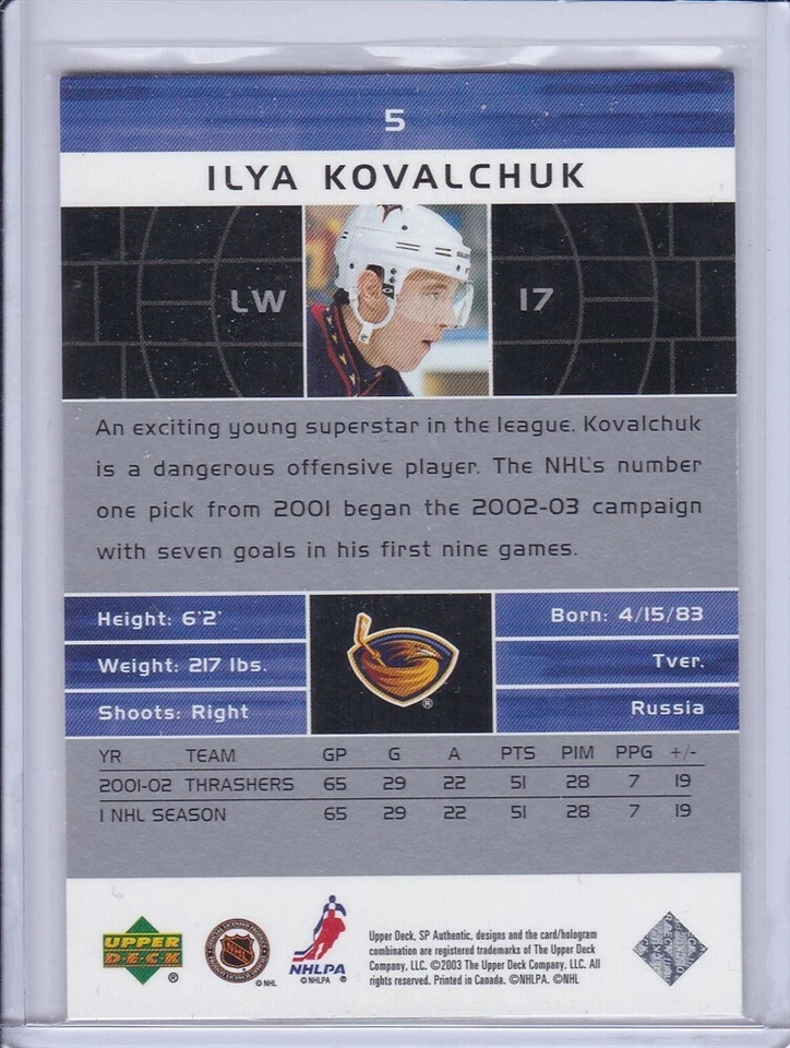 Ilya Kovalchuk 2002 SP Authentic Hockey Card 5 Grade NMMT - Image 2 of 2