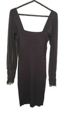 Black Knit Bodycon Dress Square Neckline Sheer Sleeves Size L LBD 