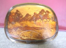 Vintage Brass Enamel Pictorial Western Stagecoach Horses Belt Buckle 3.25" W