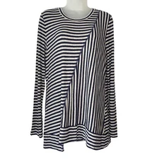 CAbi Size M Ernest 3228 Oatmeal Blue Striped Asymmetrical Long Sleeve Tee Top