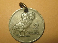  23MM Gold Greek Greece Athena Owl Coin Charm Pendant Necklace Phoenix Bird 