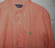 RALPH LAUREN Mens Medium Button Up Shirt Orange White Check Green Pony L/S