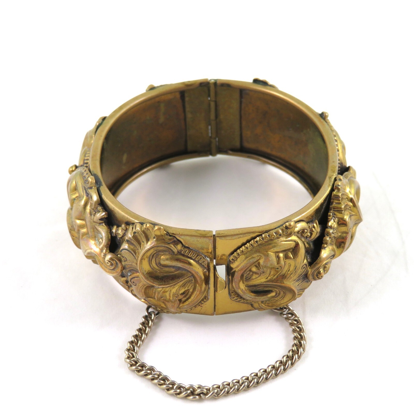 Antique Brass Repousse Hinged Bangle Bracelet 7.5" - image 2