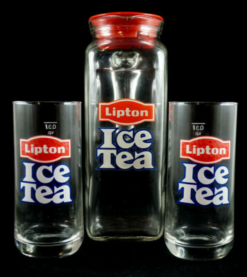 Lipton Ice Tea Eistee Glaskaraffe 2 Gläser Set Viereckig Retro Rot Party NEU 