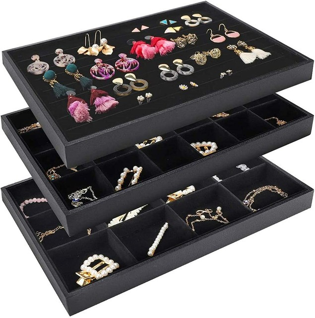 Mebbay Stackable Velvet Jewelry Trays Organizer Storage Bblack for